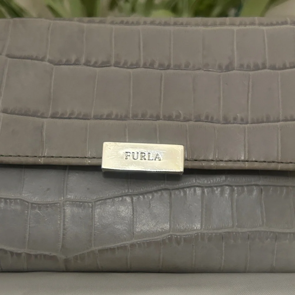 FURLA Light Gray Croc-Embossed Wallet With Dust Bag NWT